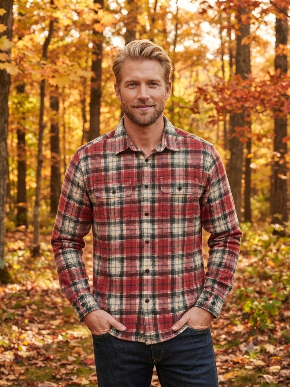 Orvis Red Plaid Heavy Flannel Button Down Cotton Shirt with Brown and Cream